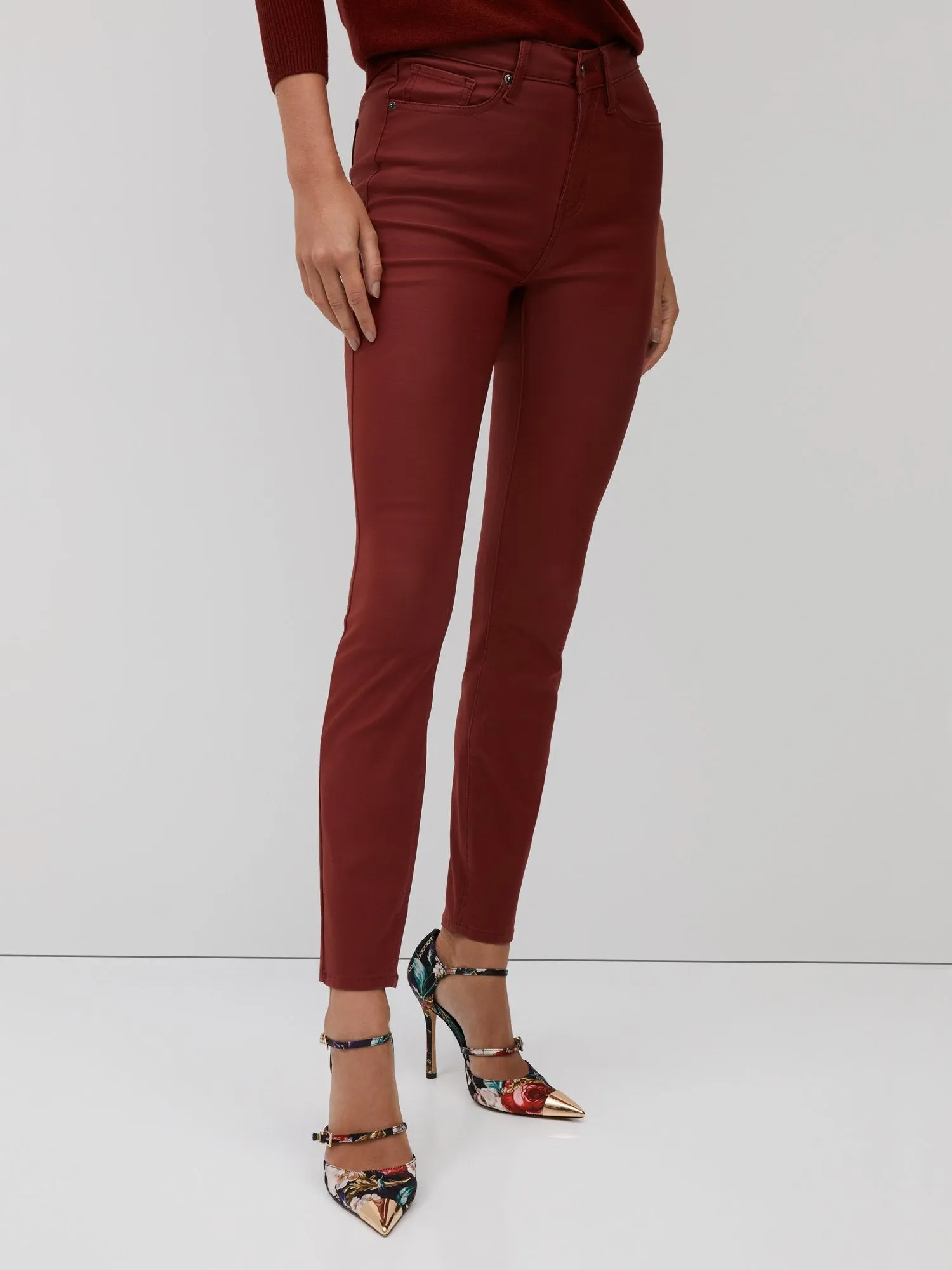 High-Waisted Coated Super-Skinny Jeans - Red