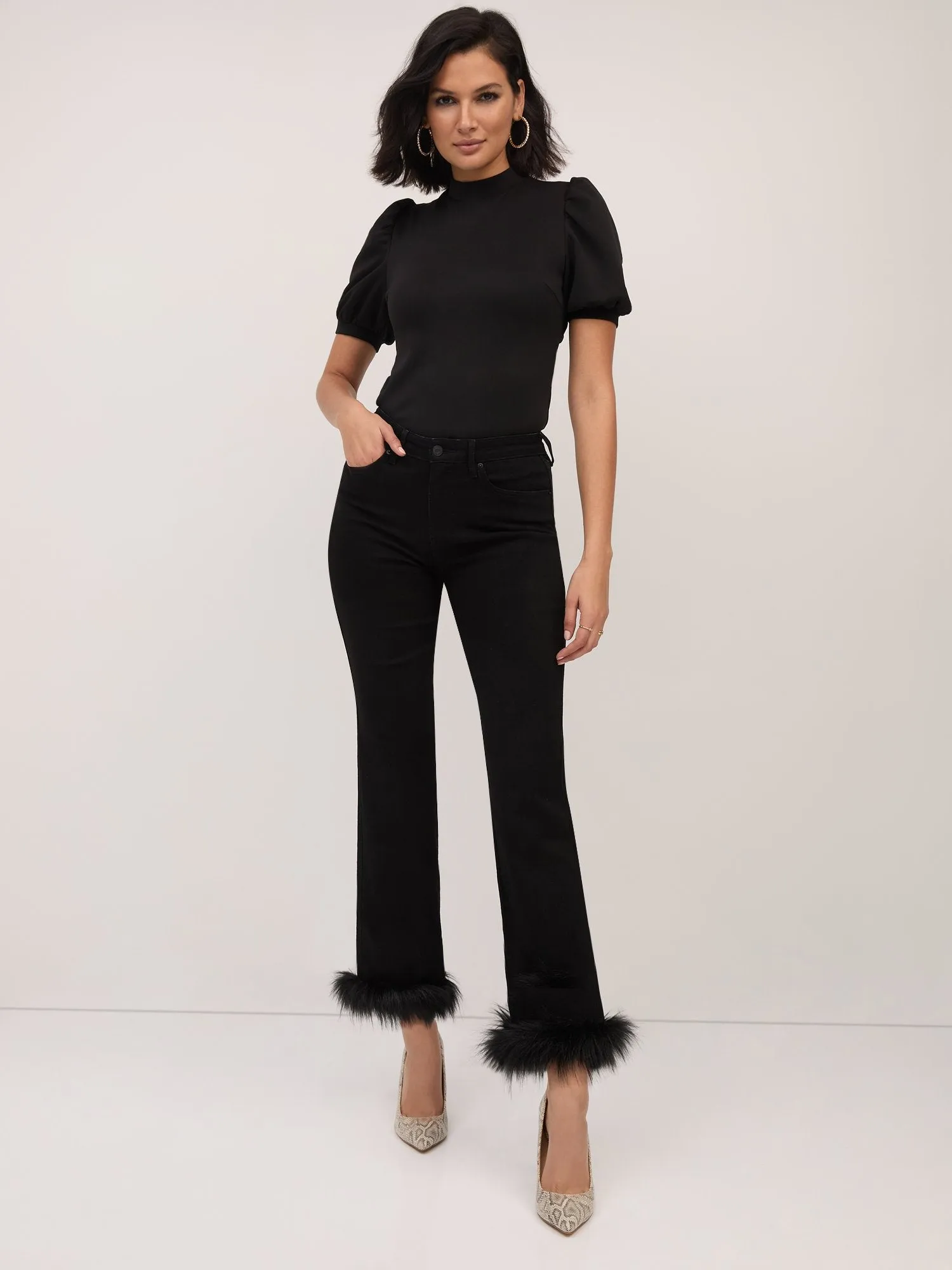 High-Waisted Feather-Hem Super-Skinny Jeans - Black