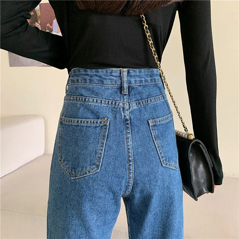 High Waisted Jeans for Women Straight Leg Denim Bottom Vintage Pants