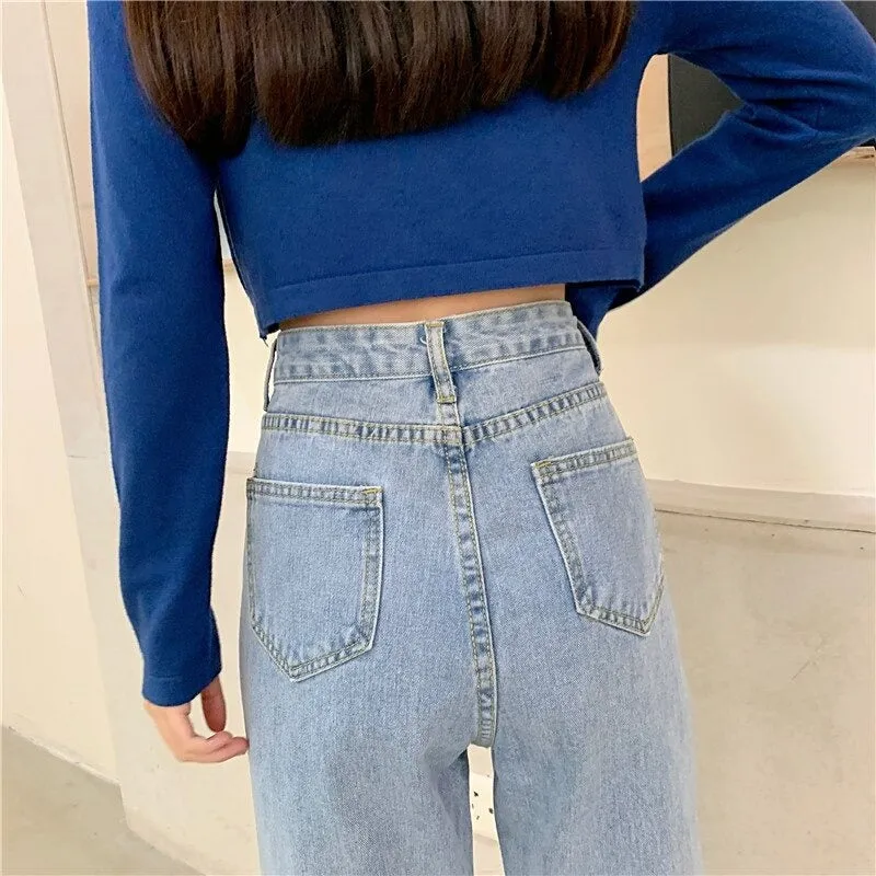 High Waisted Jeans for Women Straight Leg Denim Bottom Vintage Pants