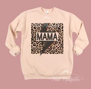 Mama Leopard Lightning Bolt Bella Canvas Sweatshirt - Boutique Bella Canvas Sweatshirt/ Natural Sweatshirt / Mom Style