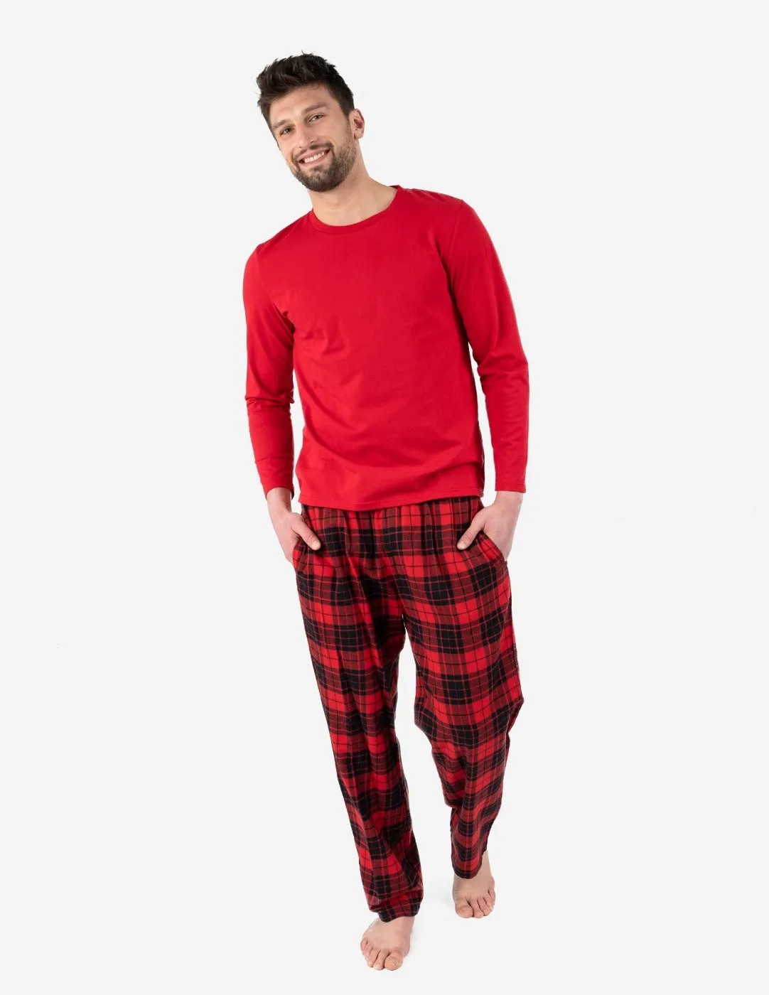 Mens Red & Black Plaid Flannel Set