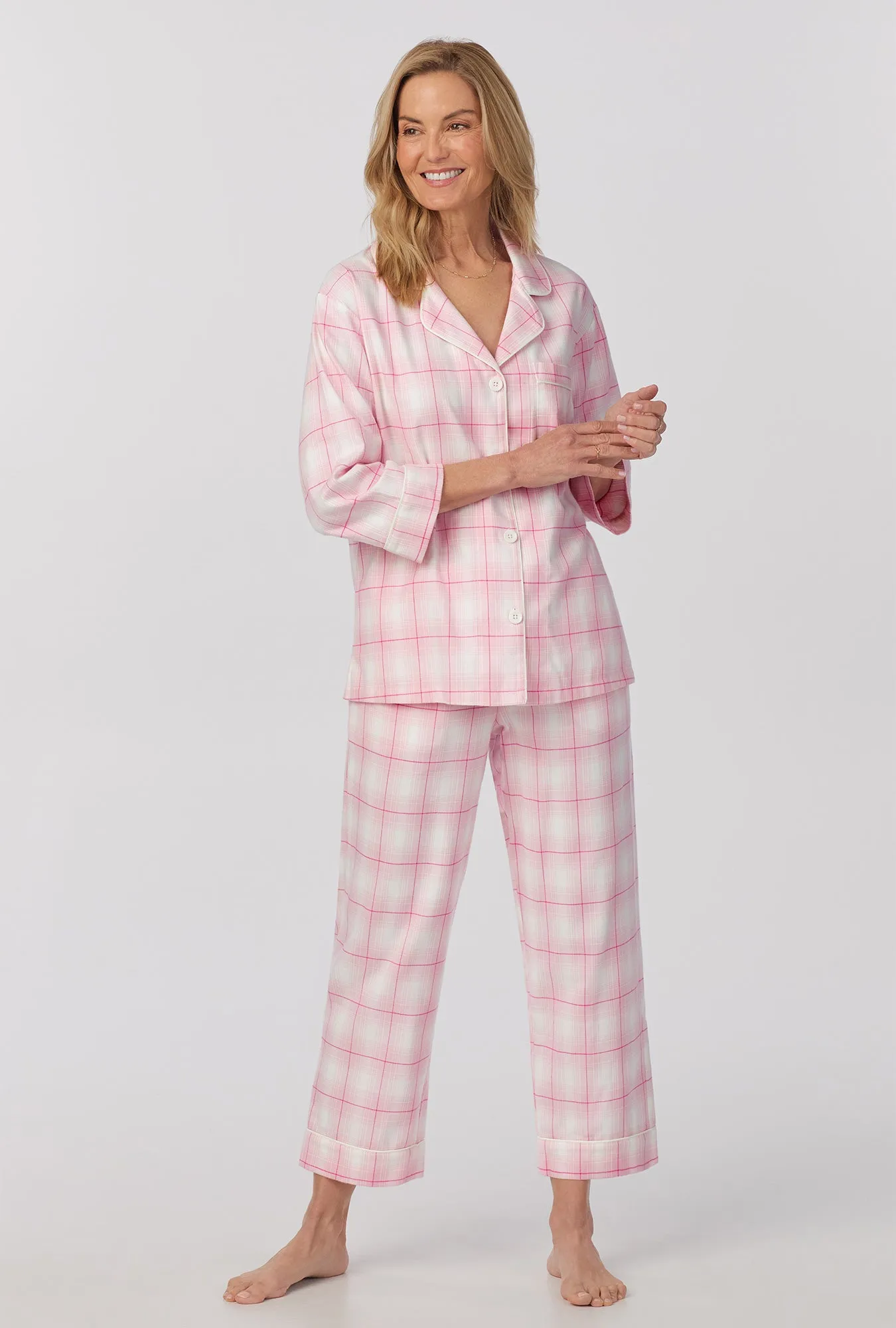 Mountain Plaid 3/4 Sleeve Classic Woven cotton portuguese flannel  Cropped PJ Set