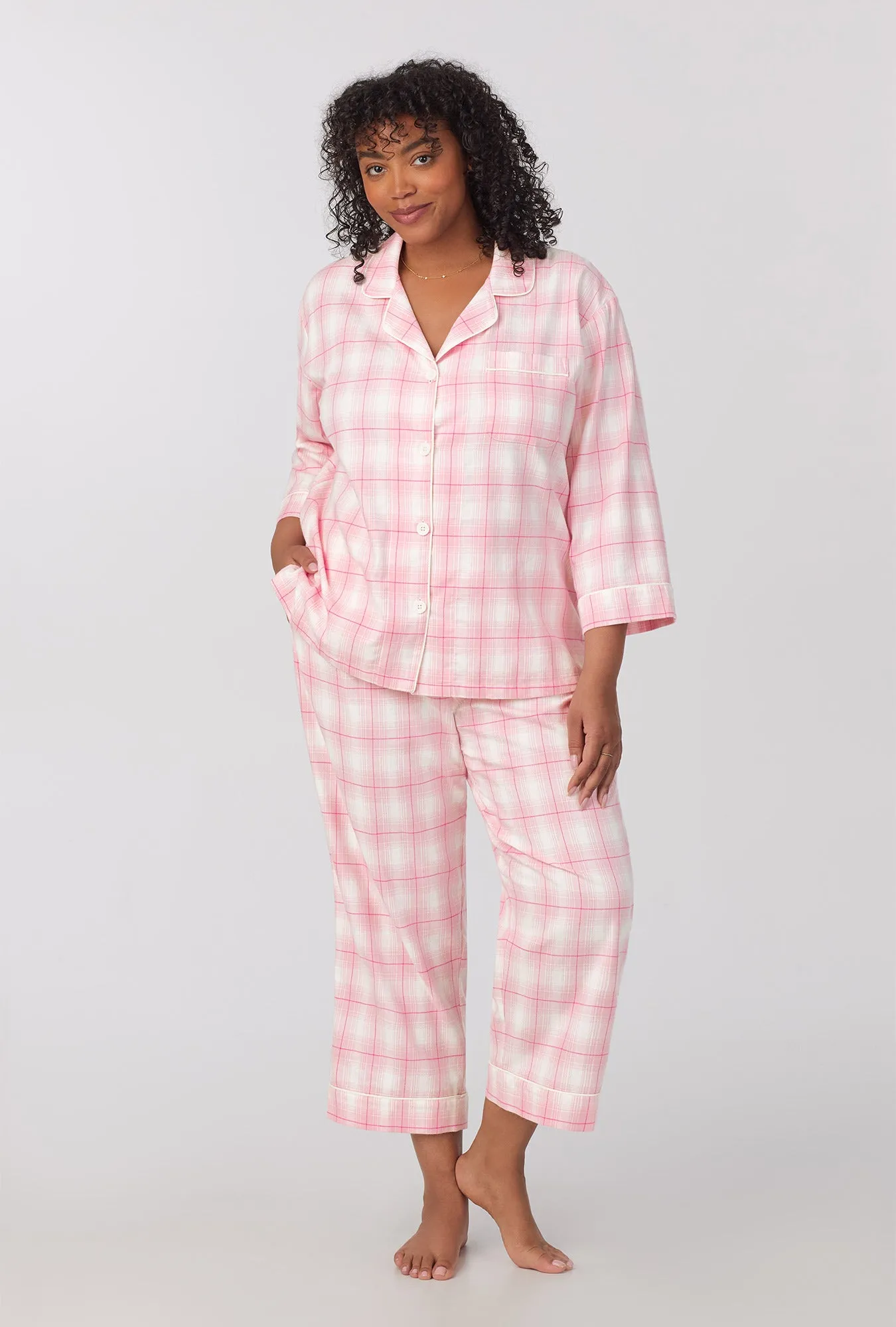 Mountain Plaid 3/4 Sleeve Classic Woven cotton portuguese flannel  Cropped PJ Set