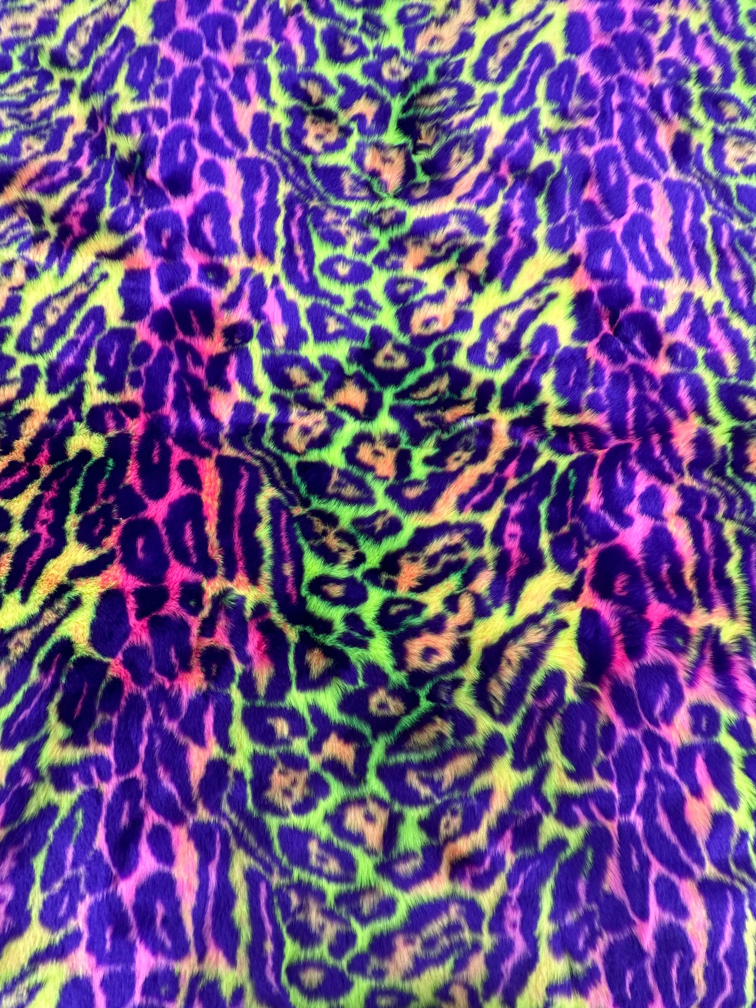 Neon Green Purple Leopard Short pile Faux Fur Fabric By The Yard