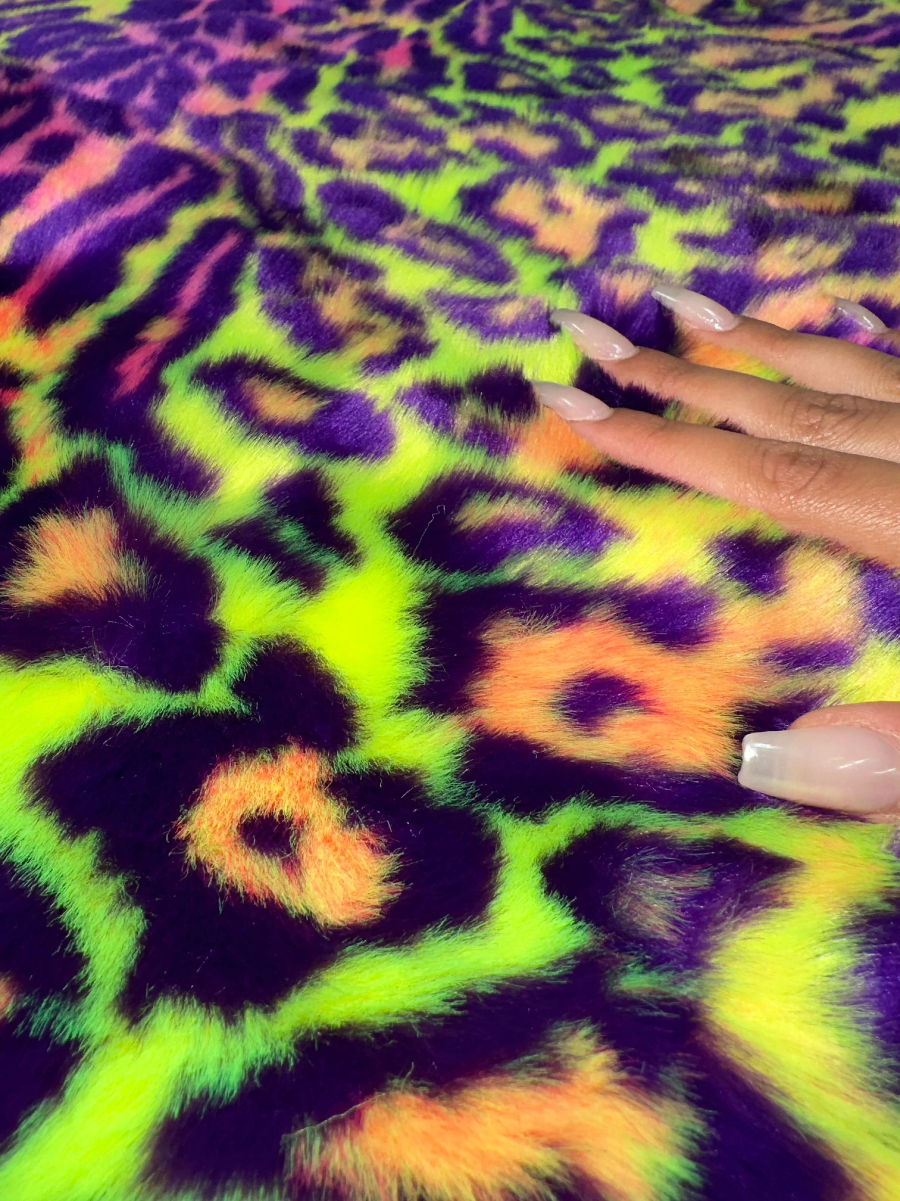 Neon Green Purple Leopard Short pile Faux Fur Fabric By The Yard