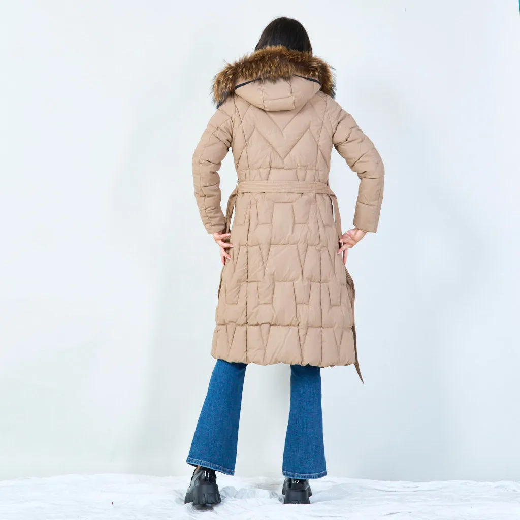 Quilted long parka with faux fur hood wholesale