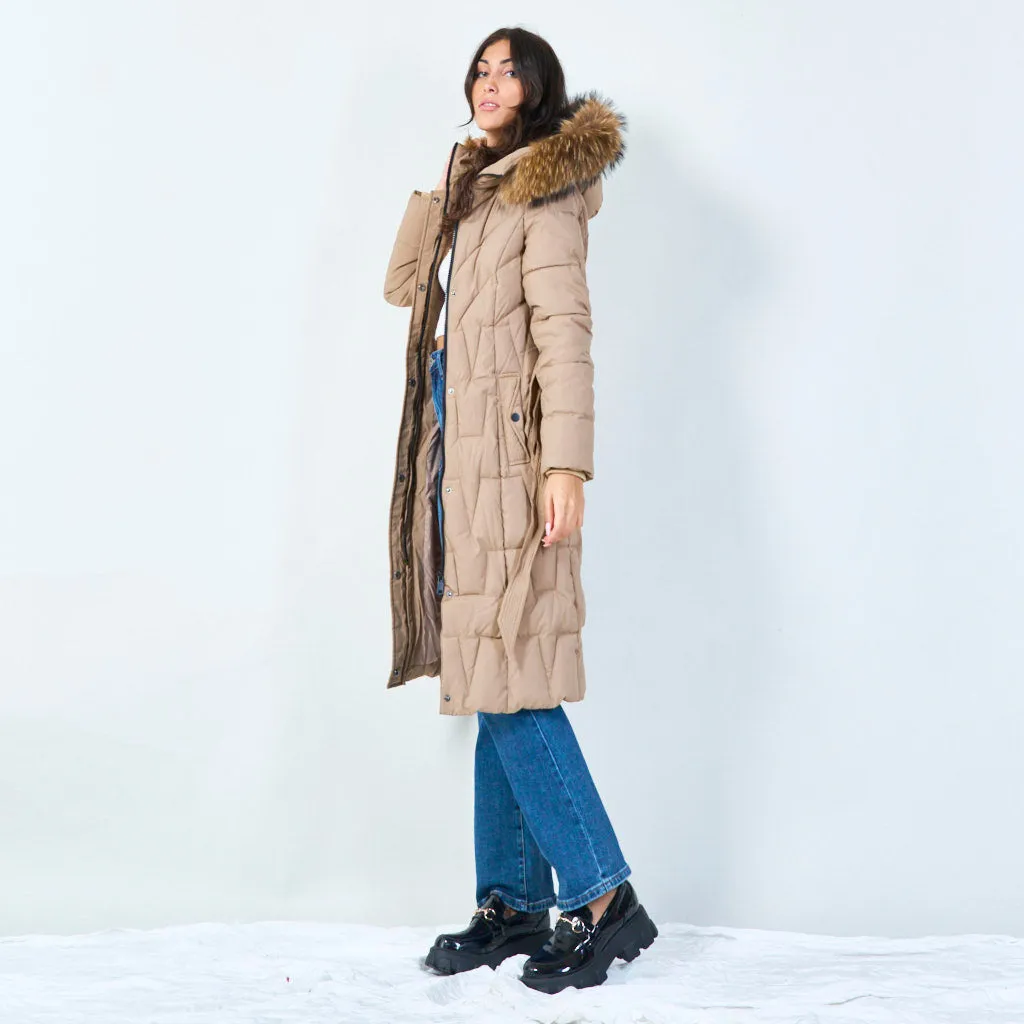 Quilted long parka with faux fur hood wholesale