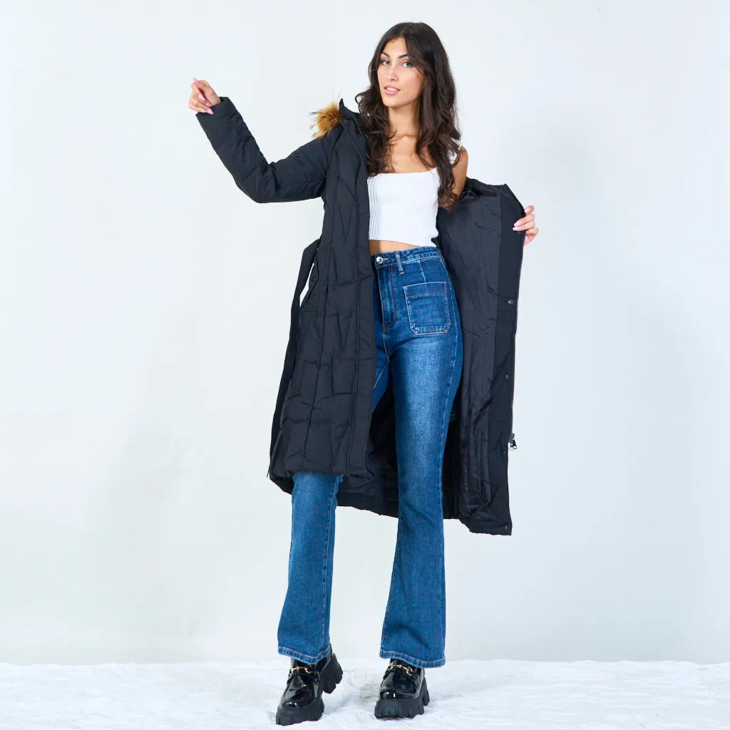 Quilted long parka with faux fur hood wholesale