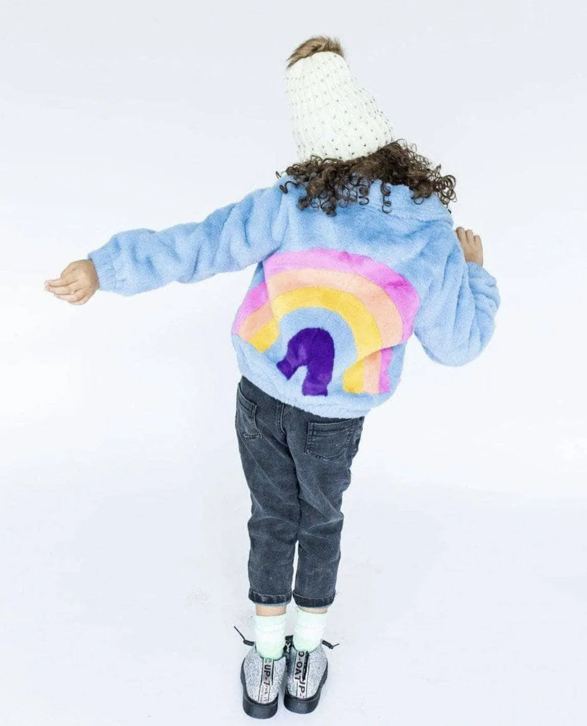 Rainbow Faux Fur Coat Baby Blue