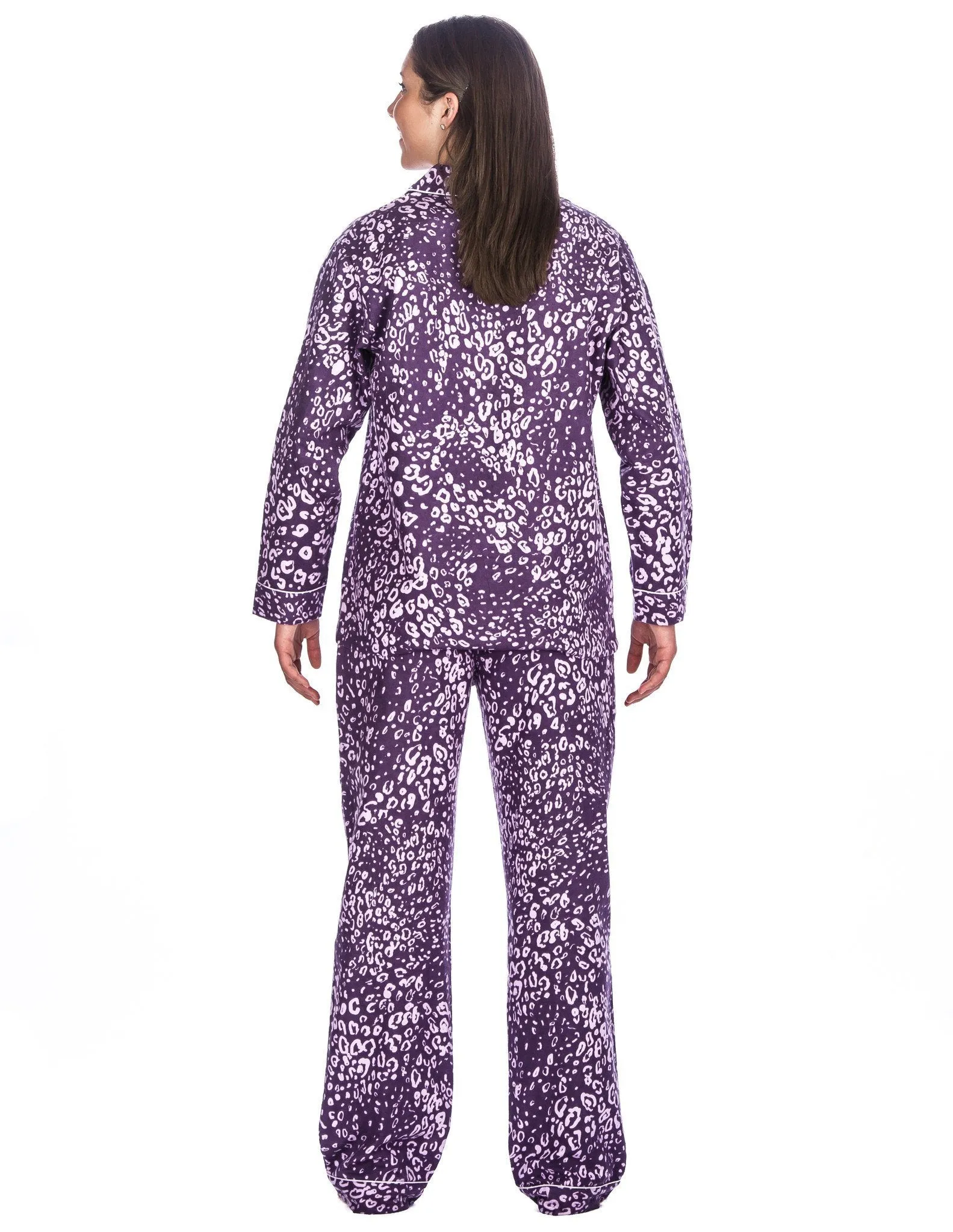 Realxed Fit Womens 100% Cotton Flannel Pajama Sleepwear Set - Leopard Purple