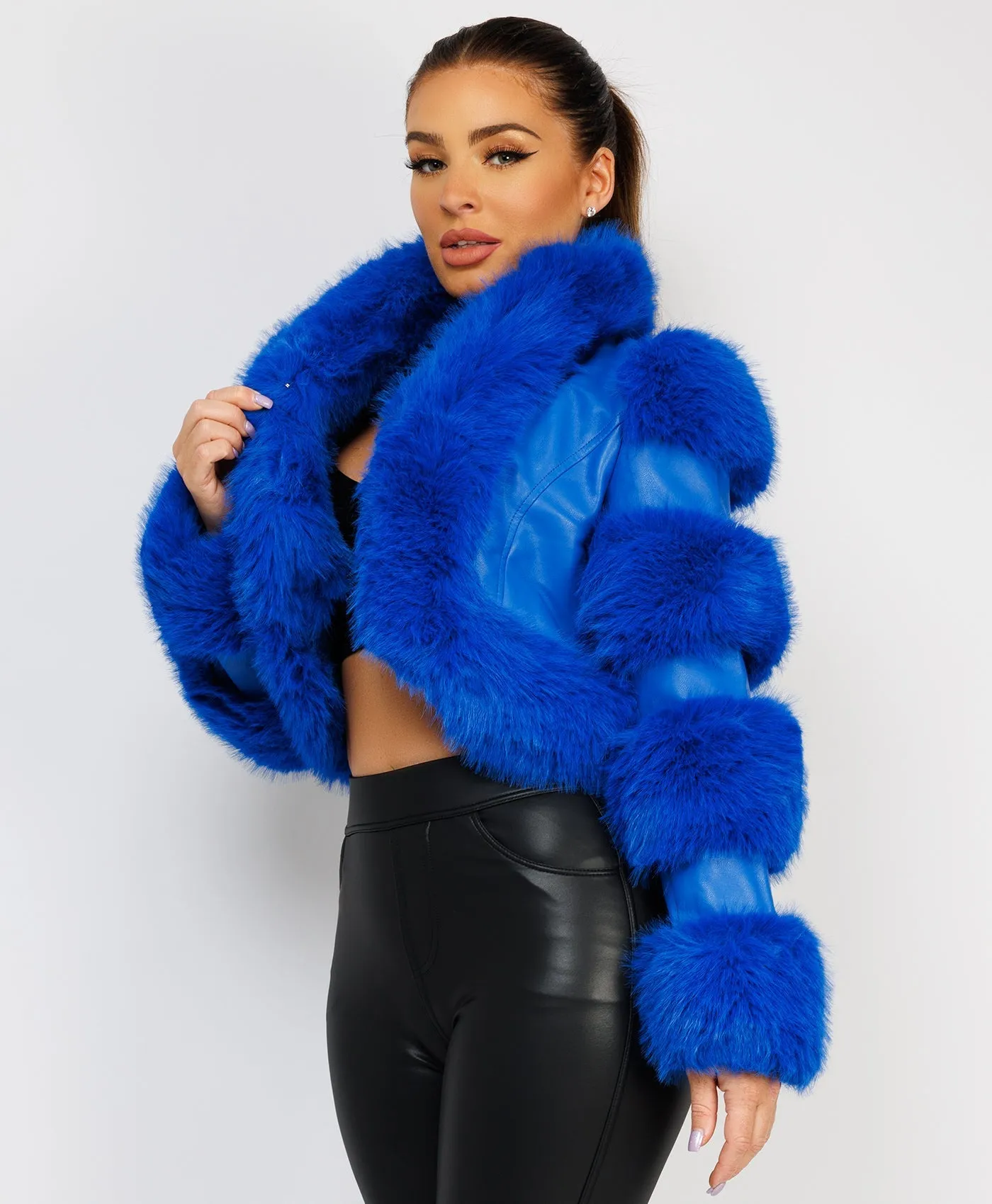 Royal Blue Cropped Faux Fur Vegan Leather Coat Jacket