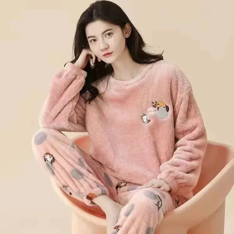 Thickened Warm Flannel Women‘s Sleepwear Coral Velvet Pajamas Winter Cute Cartoon Bear Padded Two Sets Girl Nightwear Loungewear