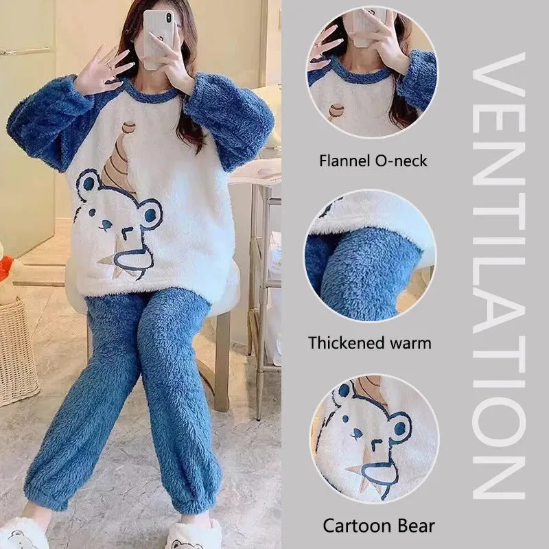 Thickened Warm Flannel Women‘s Sleepwear Coral Velvet Pajamas Winter Cute Cartoon Bear Padded Two Sets Girl Nightwear Loungewear