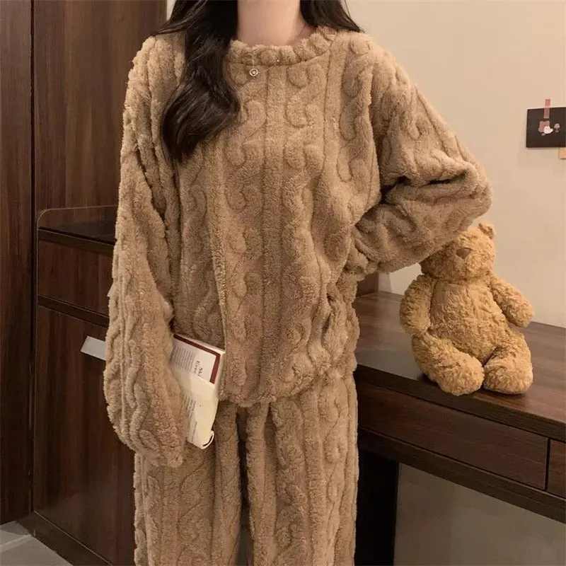 Thickened Warm Sleepwear for Winter Women Flannel Suit Student Pajamas Homewear Tops and Pants Striped Nightwear Loungewear