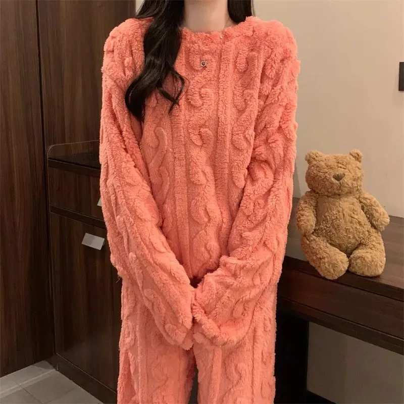 Thickened Warm Sleepwear for Winter Women Flannel Suit Student Pajamas Homewear Tops and Pants Striped Nightwear Loungewear