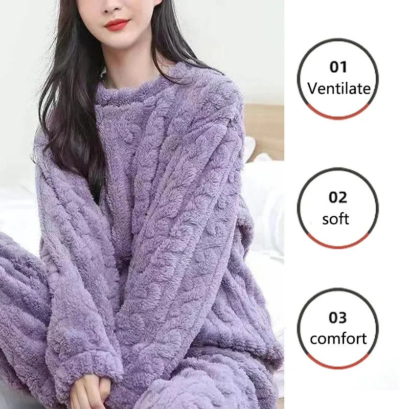 Thickened Warm Sleepwear for Winter Women Flannel Suit Student Pajamas Homewear Tops and Pants Striped Nightwear Loungewear