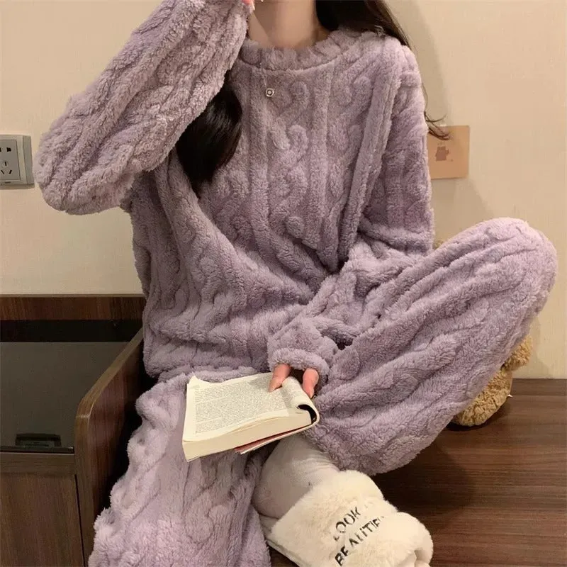 Thickened Warm Sleepwear for Winter Women Flannel Suit Student Pajamas Homewear Tops and Pants Striped Nightwear Loungewear