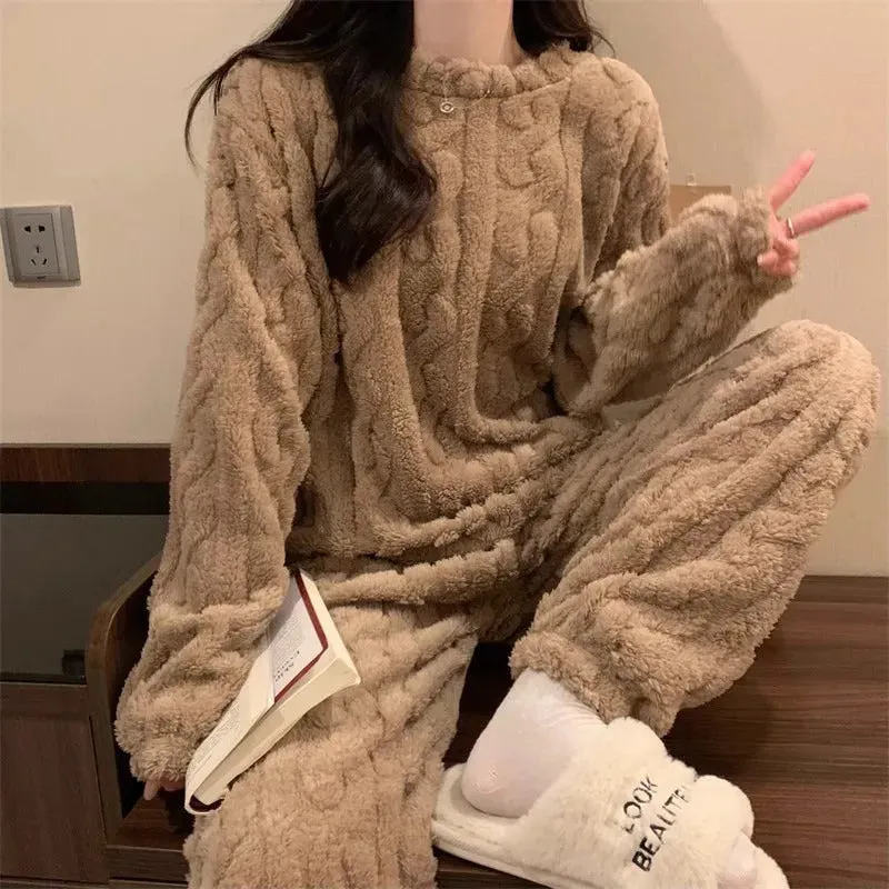 Thickened Warm Sleepwear for Winter Women Flannel Suit Student Pajamas Homewear Tops and Pants Striped Nightwear Loungewear