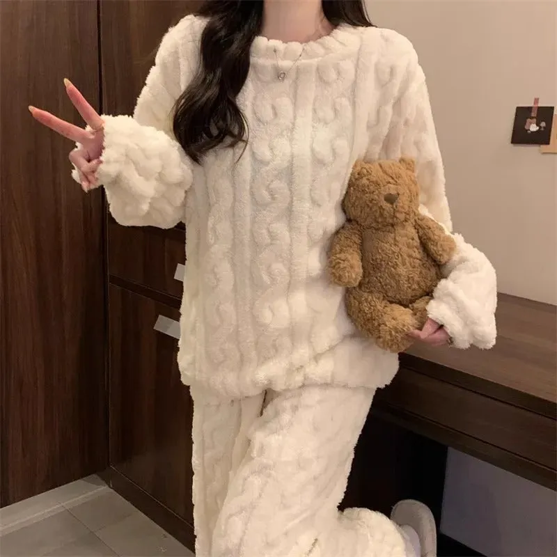 Thickened Warm Sleepwear for Winter Women Flannel Suit Student Pajamas Homewear Tops and Pants Striped Nightwear Loungewear