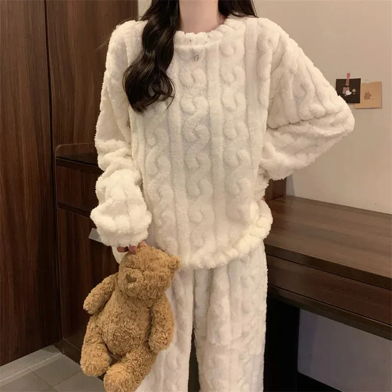 Thickened Warm Sleepwear for Winter Women Flannel Suit Student Pajamas Homewear Tops and Pants Striped Nightwear Loungewear