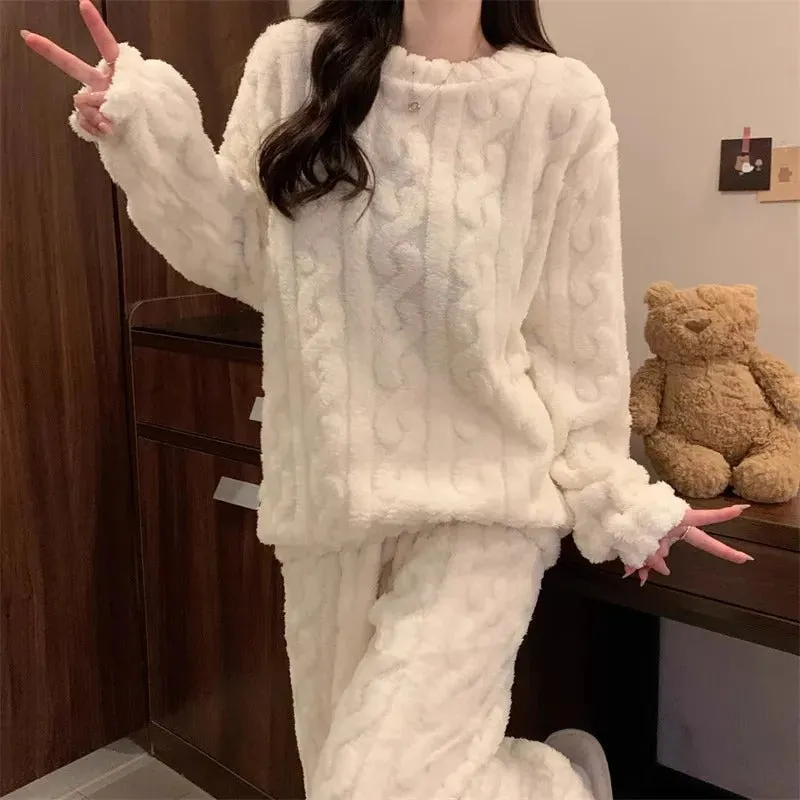 Thickened Warm Sleepwear for Winter Women Flannel Suit Student Pajamas Homewear Tops and Pants Striped Nightwear Loungewear