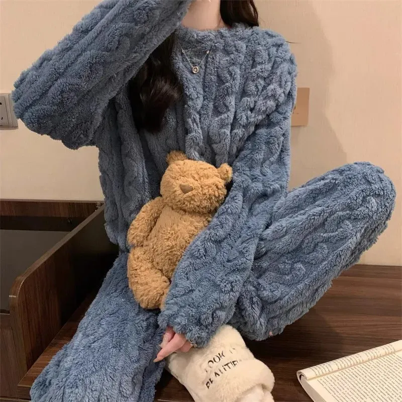 Thickened Warm Sleepwear for Winter Women Flannel Suit Student Pajamas Homewear Tops and Pants Striped Nightwear Loungewear