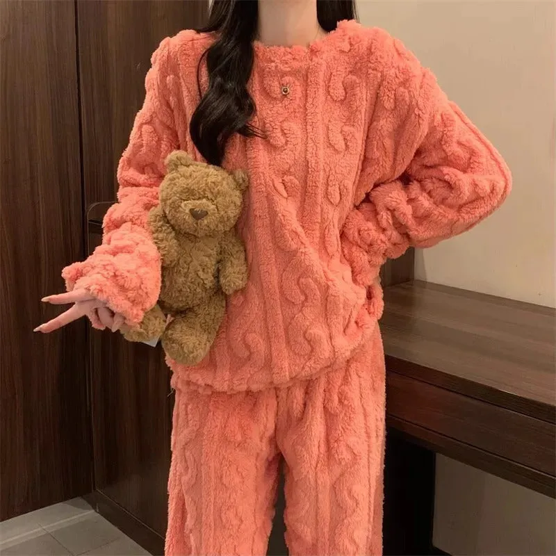 Thickened Warm Sleepwear for Winter Women Flannel Suit Student Pajamas Homewear Tops and Pants Striped Nightwear Loungewear