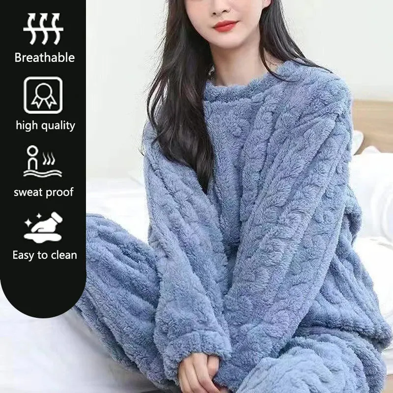 Thickened Warm Sleepwear for Winter Women Flannel Suit Student Pajamas Homewear Tops and Pants Striped Nightwear Loungewear