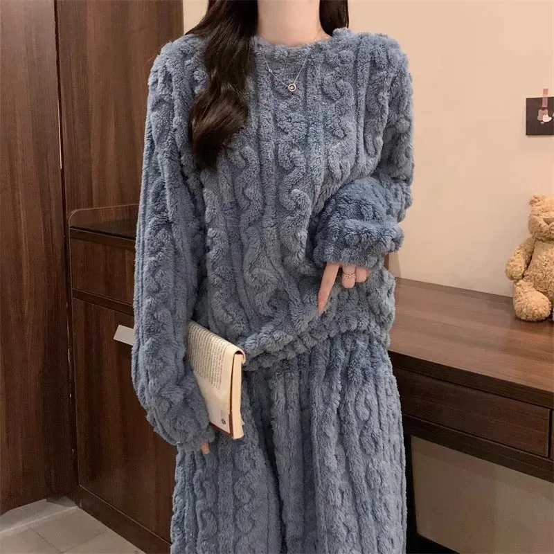 Thickened Warm Sleepwear for Winter Women Flannel Suit Student Pajamas Homewear Tops and Pants Striped Nightwear Loungewear