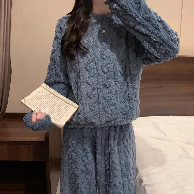 Thickened Warm Sleepwear for Winter Women Flannel Suit Student Pajamas Homewear Tops and Pants Striped Nightwear Loungewear