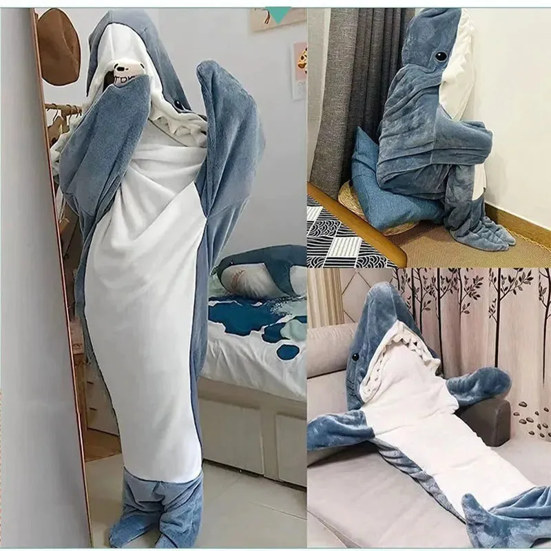 Thickened Warm Winter Shark One-Piece Pajamas Cartoon Animal Sleeping Bag Flannel Loungewear Men and Women Sleepwear Homewear