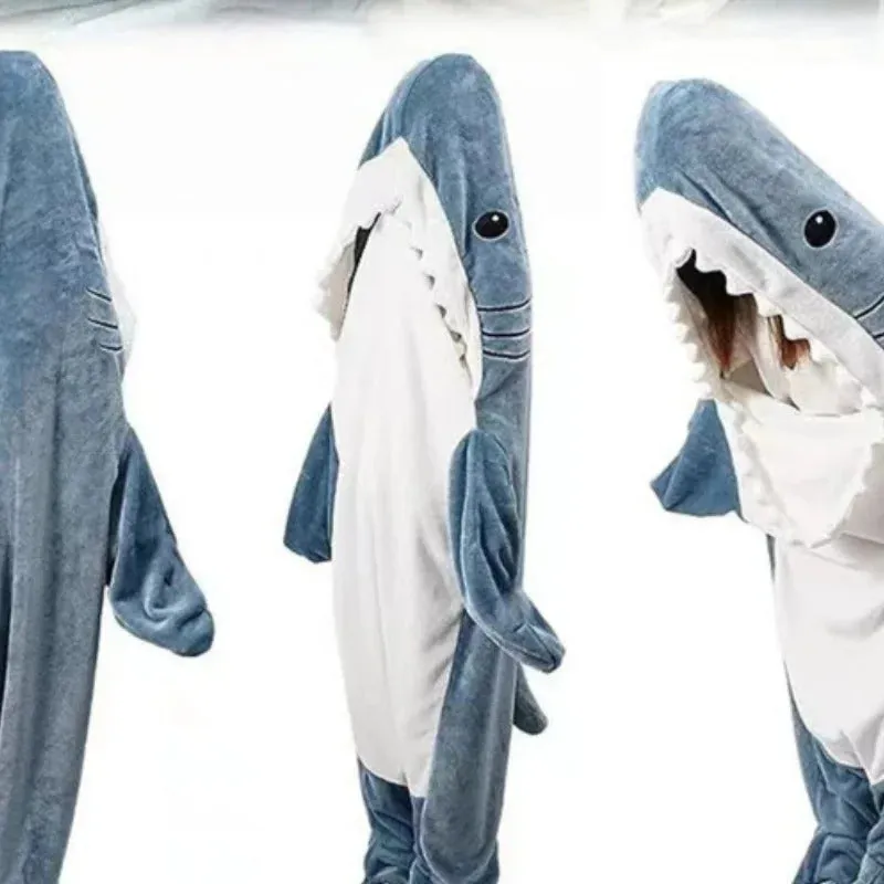 Thickened Warm Winter Shark One-Piece Pajamas Cartoon Animal Sleeping Bag Flannel Loungewear Men and Women Sleepwear Homewear