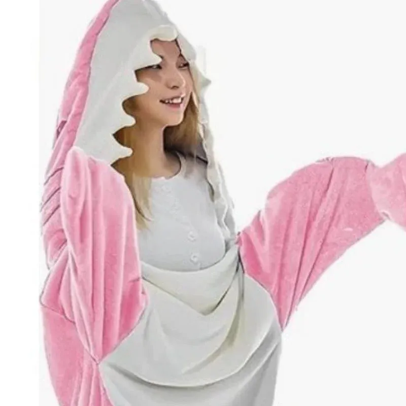 Thickened Warm Winter Shark One-Piece Pajamas Cartoon Animal Sleeping Bag Flannel Loungewear Men and Women Sleepwear Homewear