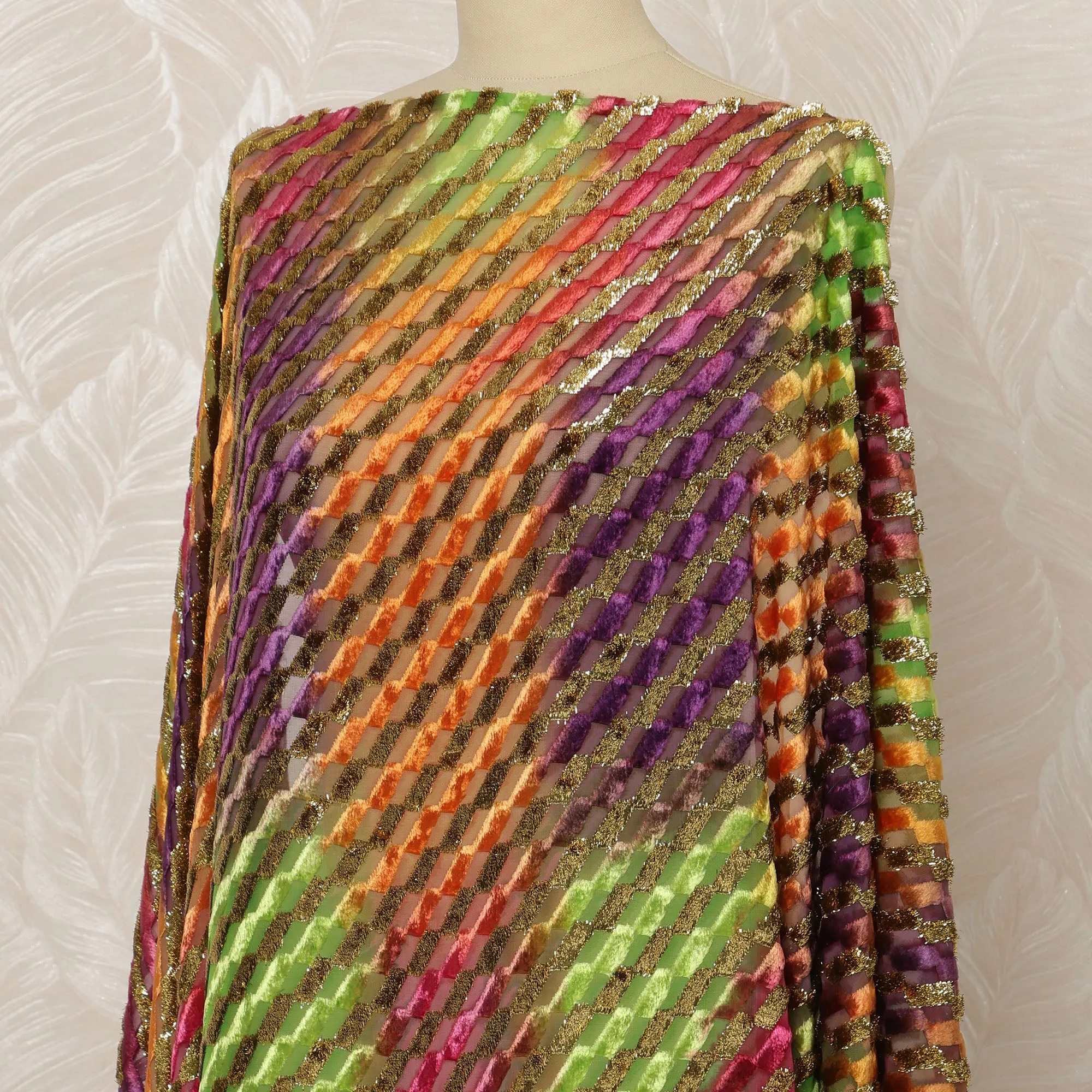 Traditional Somali Dirac Silk Blended Velvet Chiffon Fabric in Multicolor Striped Design, 3.5 Meters, 140 cm Width-D20611