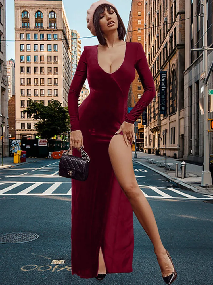 Velvet Long Sleeve V Neck Slit Dresses