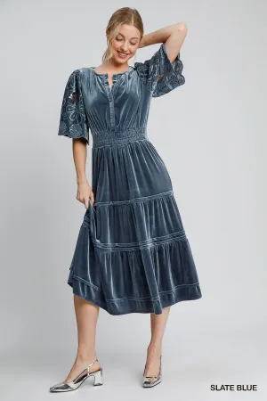 Velvet Tiered Maxi Dress - Slate Blue