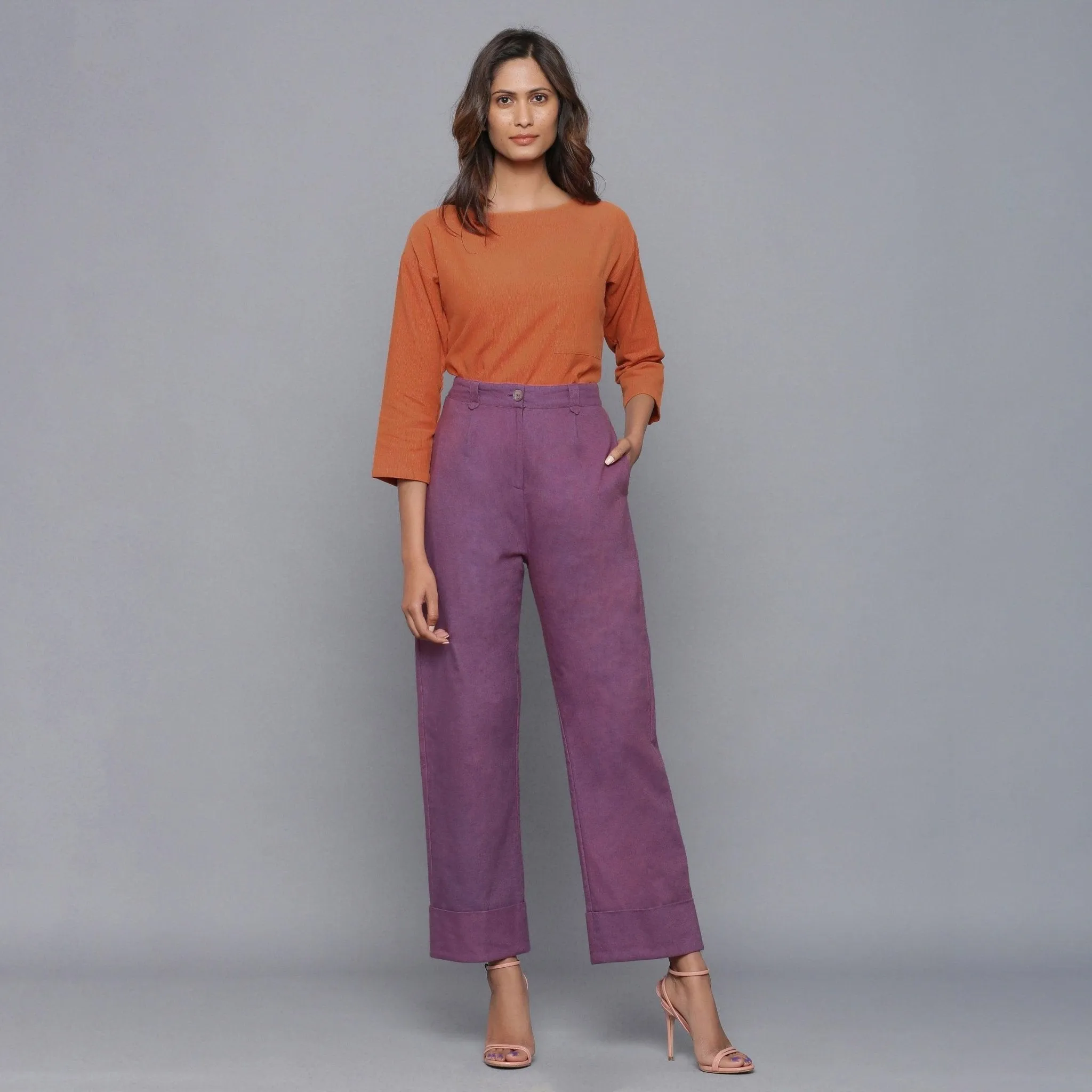 Wine Warm Cotton Flannel High-Rise Rolled-up Pant