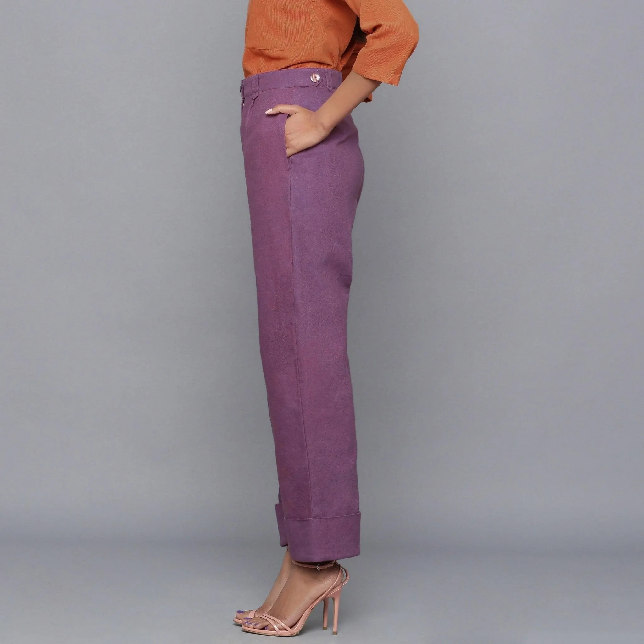 Wine Warm Cotton Flannel High-Rise Rolled-up Pant