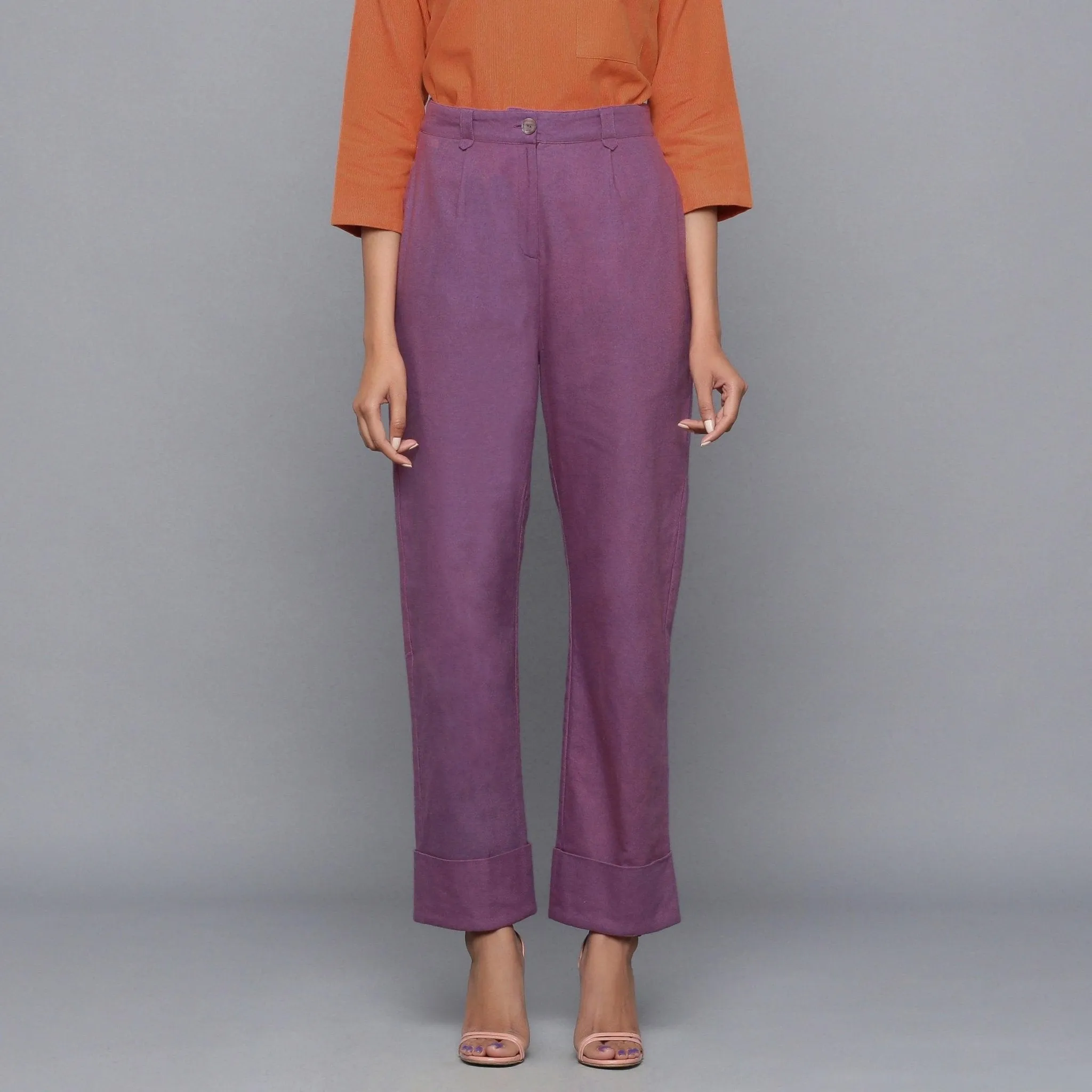 Wine Warm Cotton Flannel High-Rise Rolled-up Pant