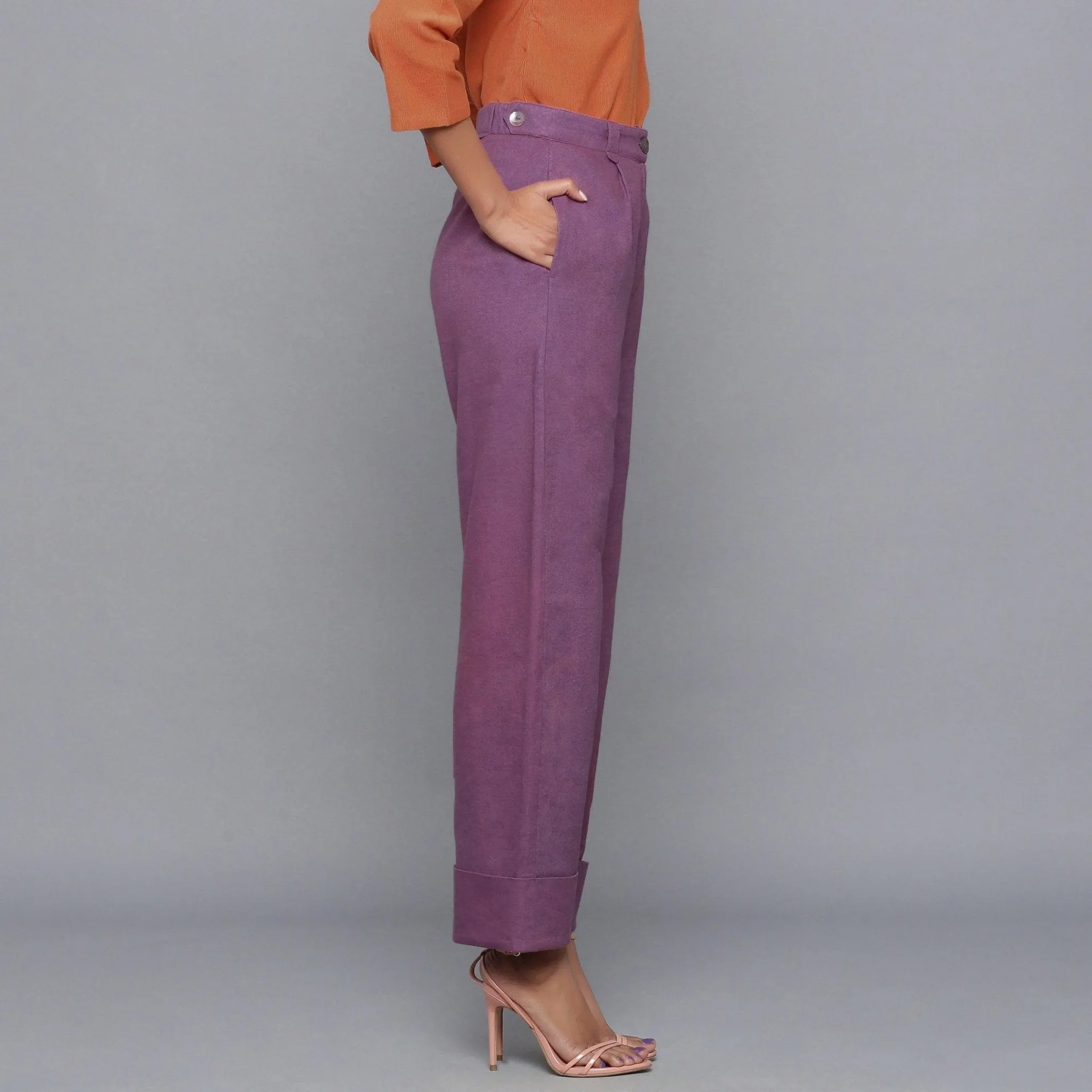 Wine Warm Cotton Flannel High-Rise Rolled-up Pant