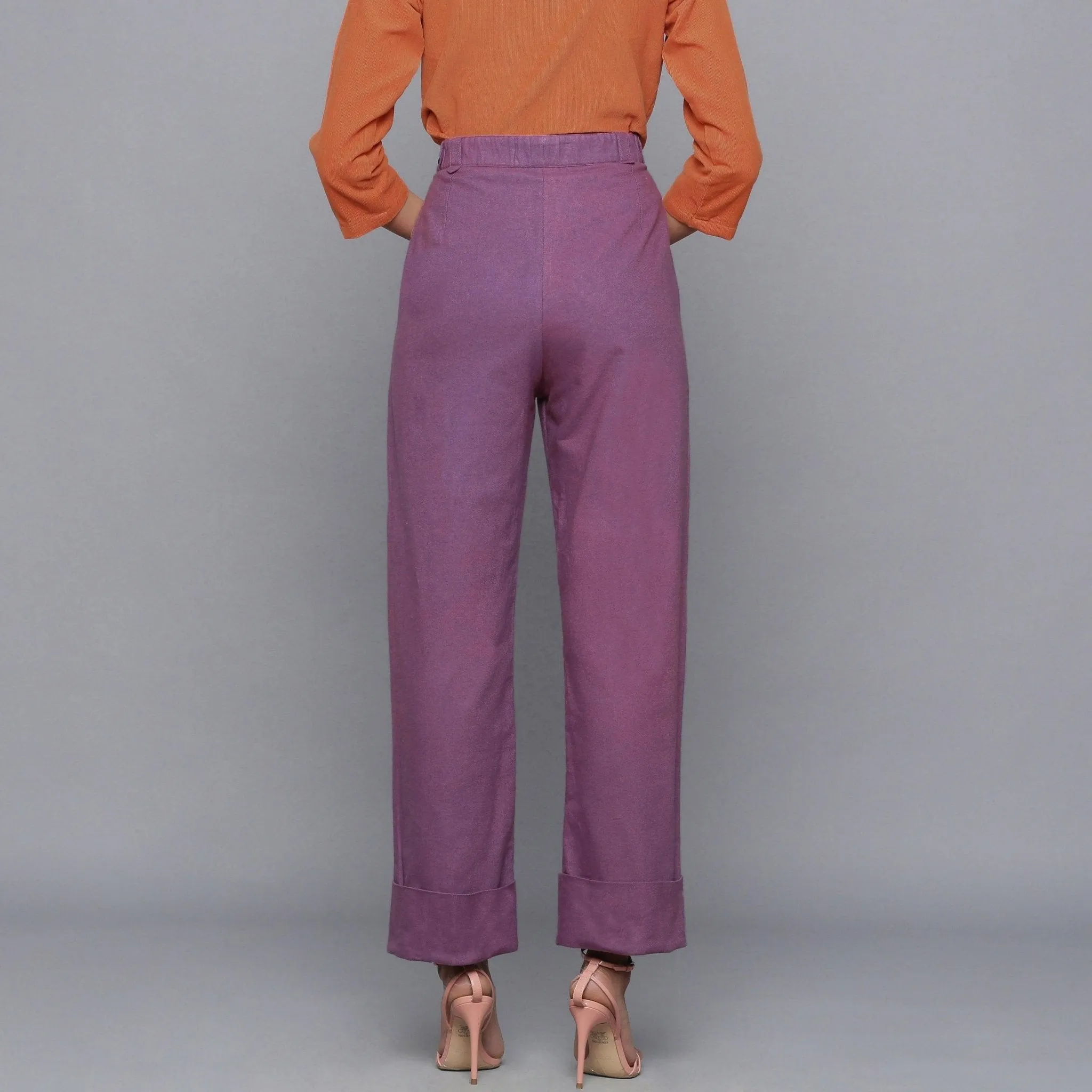 Wine Warm Cotton Flannel High-Rise Rolled-up Pant