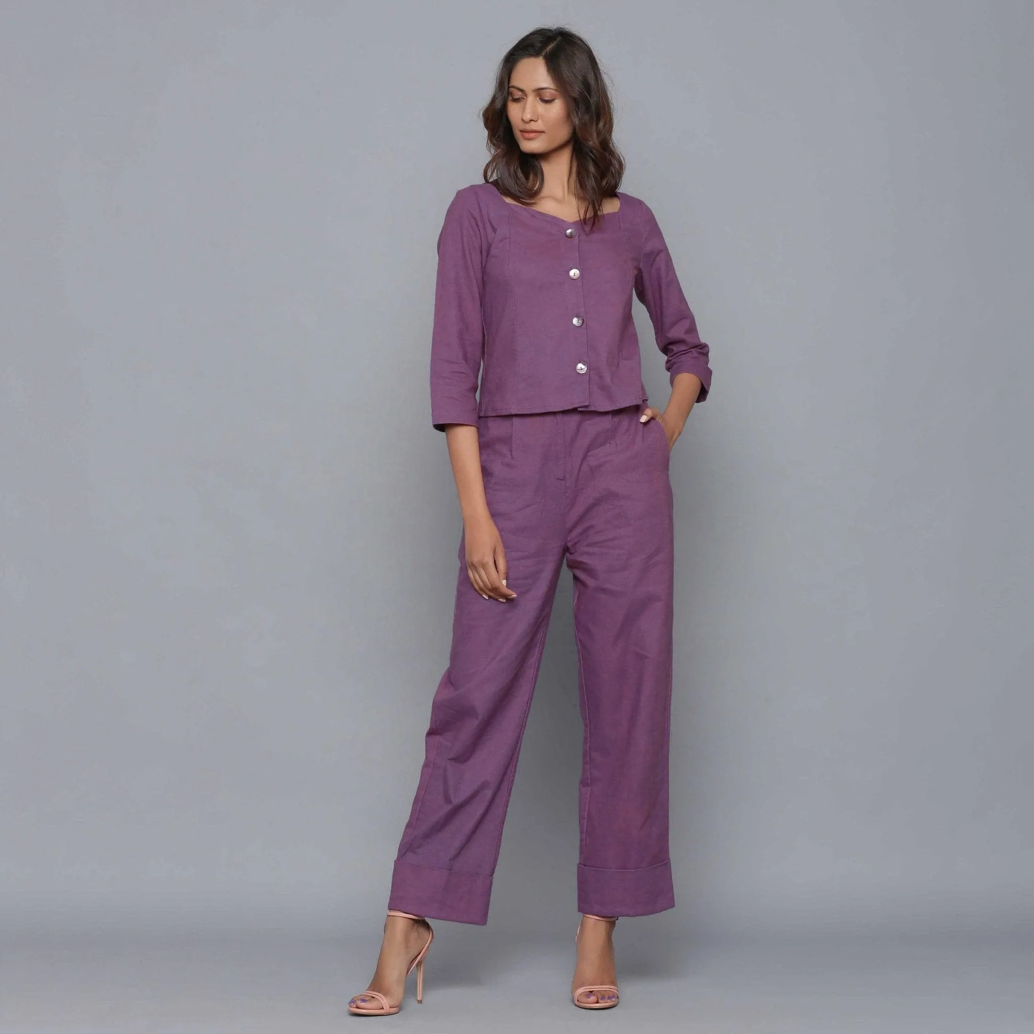 Wine Warm Cotton Flannel Top, Rolled-up Pant and Pink Blazer Co-ord Set