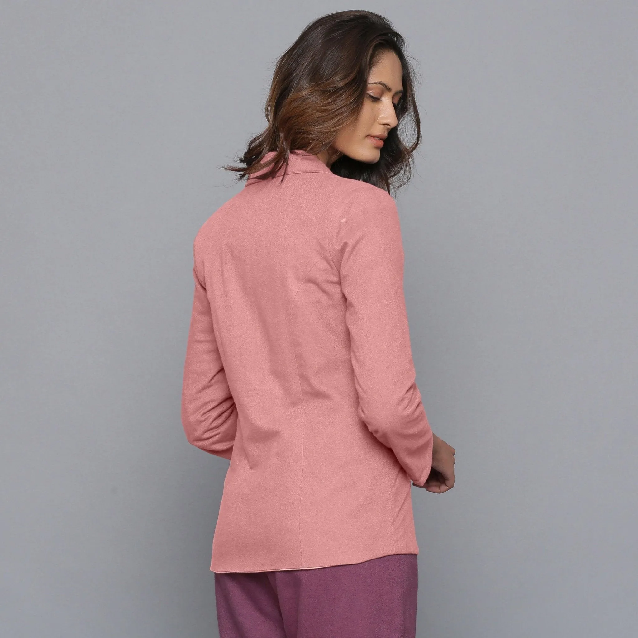 Wine Warm Cotton Flannel Top, Rolled-up Pant and Pink Blazer Co-ord Set