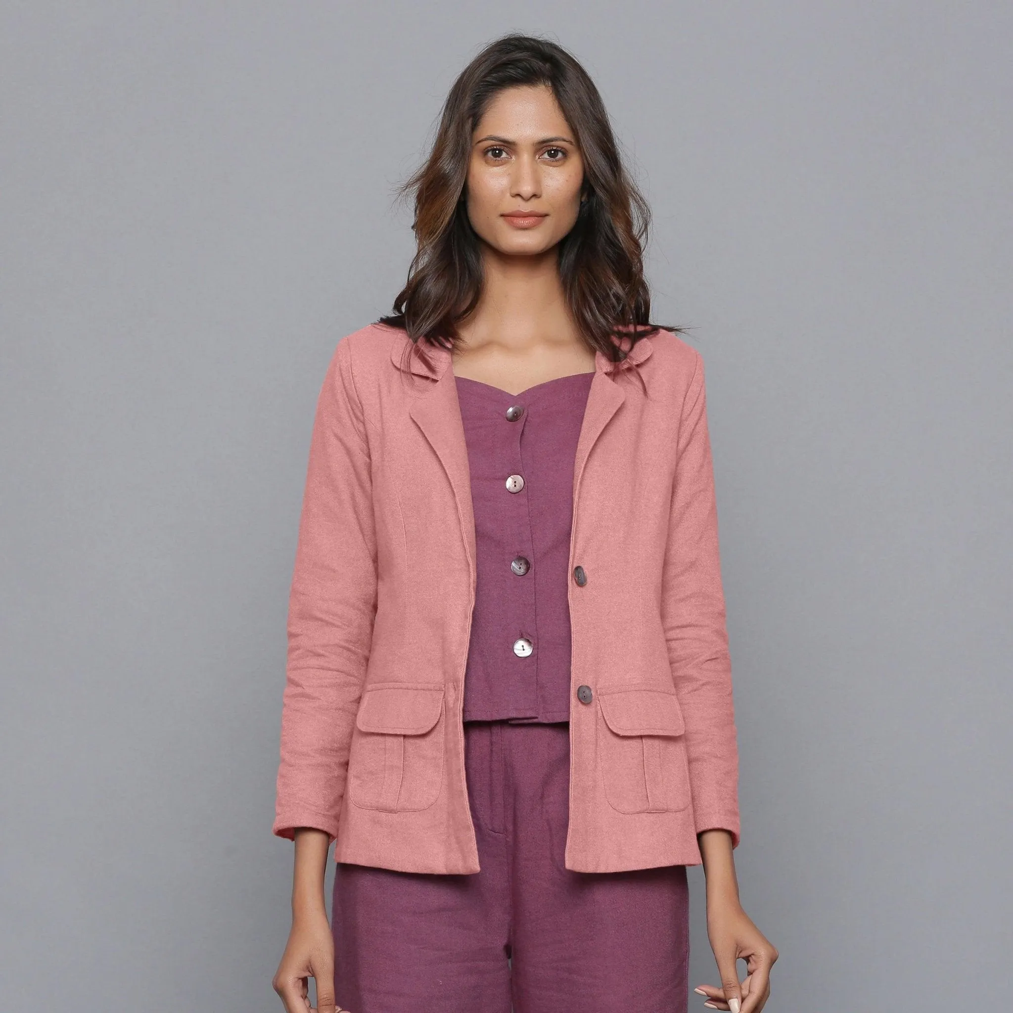 Wine Warm Cotton Flannel Top, Rolled-up Pant and Pink Blazer Co-ord Set