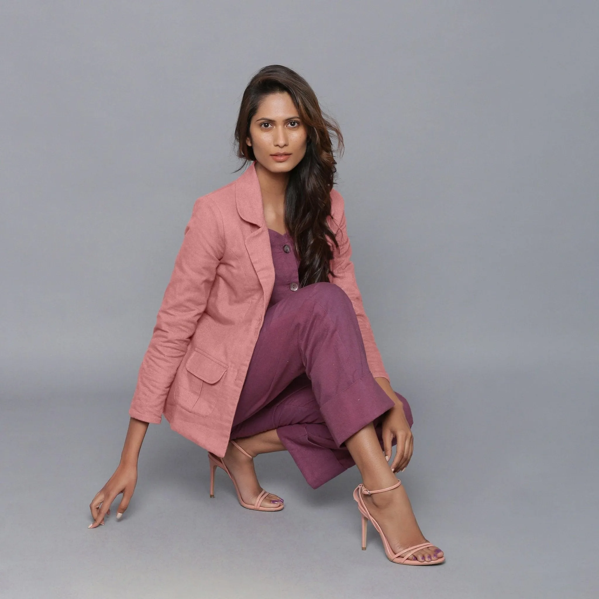 Wine Warm Cotton Flannel Top, Rolled-up Pant and Pink Blazer Co-ord Set