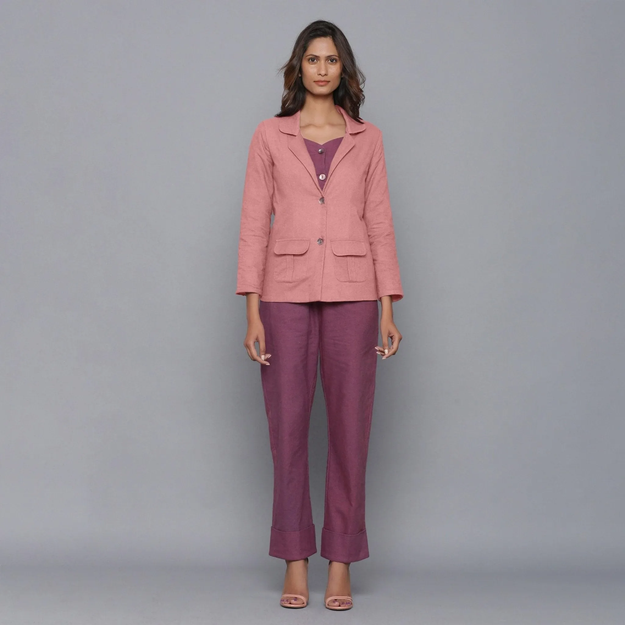 Wine Warm Cotton Flannel Top, Rolled-up Pant and Pink Blazer Co-ord Set