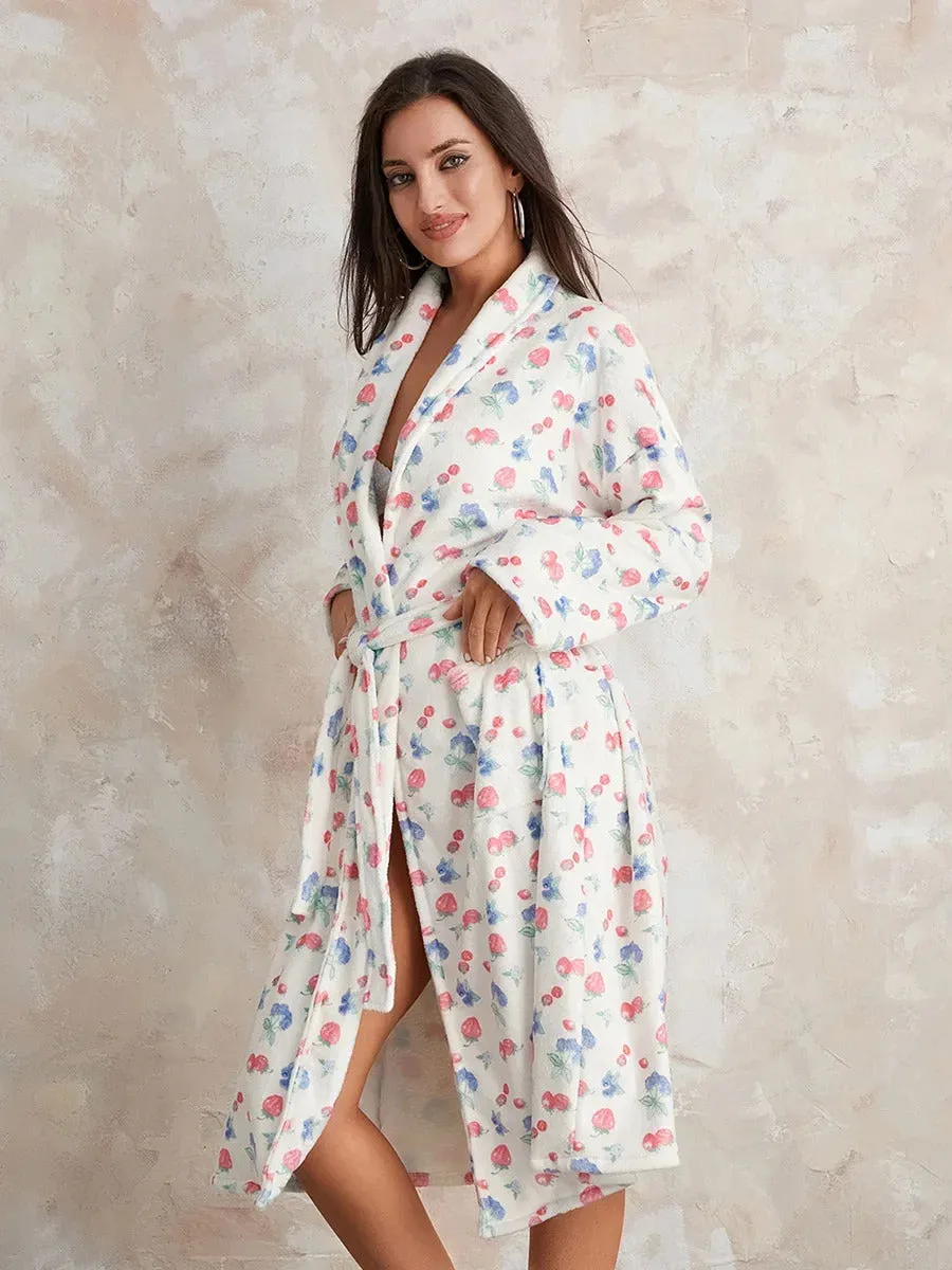 Women Flannel Robe Home Sleepwear Floral Print Shawl Collar Bathrobe Kimono Robe with Belt Winter Warm Pajamas Clothes