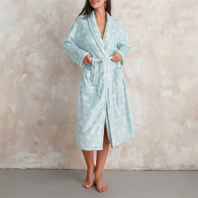 Women Flannel Robe Home Sleepwear Floral Print Shawl Collar Bathrobe Kimono Robe with Belt Winter Warm Pajamas Clothes