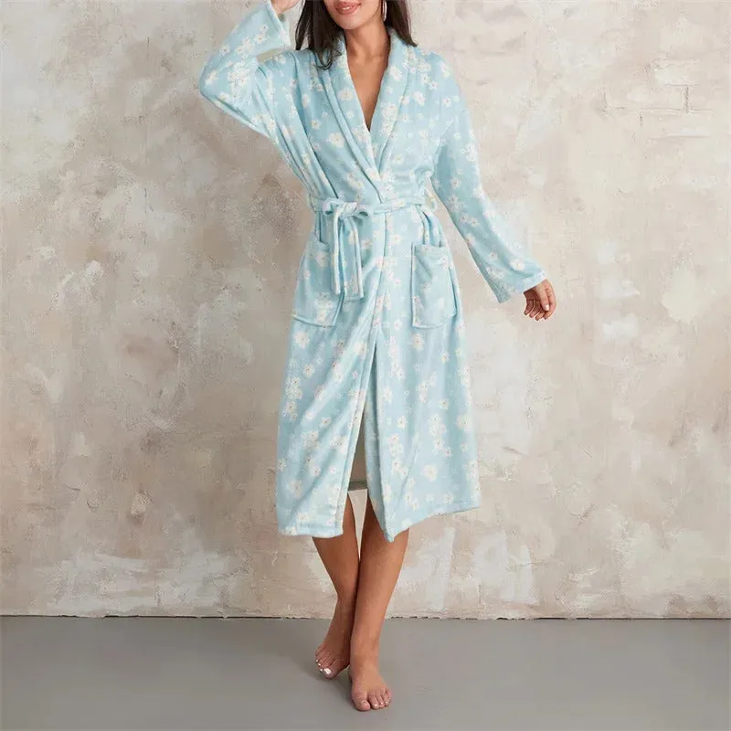 Women Flannel Robe Home Sleepwear Floral Print Shawl Collar Bathrobe Kimono Robe with Belt Winter Warm Pajamas Clothes